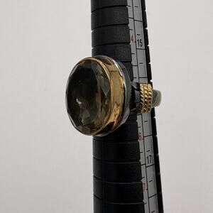 Sterling Silver Smoky Quartz Statement Ring 2 Toned Silver & Gold Size 6